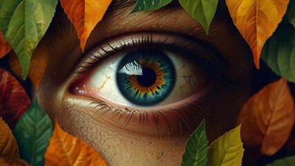 Eye in a background of autumul leaves. Earth, environment, living nature personification concept. Surreal digital collage. Generative AI