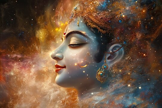 Lord Krishna depicted as Vishwaroop( cosmic form) showing the universe within him, with a radiant aura