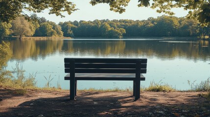 Obraz premium A Single Bench Facing a Tranquil Lake in a Lush Forest