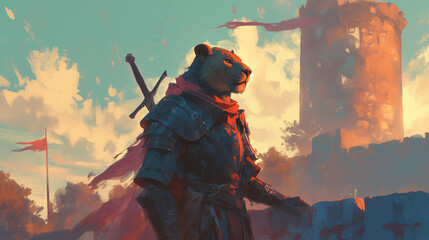 determined female lion beastfolk warrior in armor standing at dawn, with a sword on his back, overlooking a towering fortress in the distance