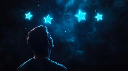 A silhouette of a man looking up at three stars in the night sky, symbolizing dreams, aspirations, hope, success, and the pursuit of goals.