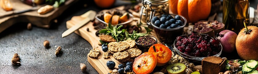 A vibrant display of fresh fruits, nuts, and grains on a wooden platter, perfect for healthy eating and seasonal delight.