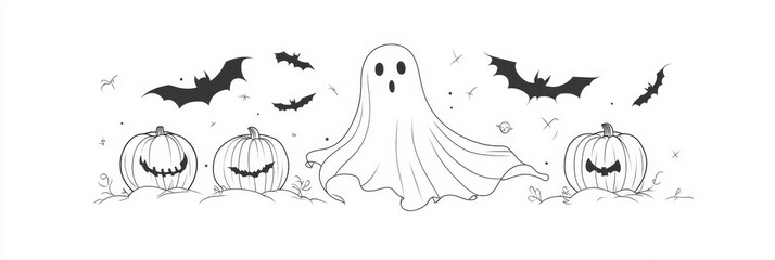 A simple yet evocative line art illustration of a ghost with a surprised expression, surrounded by pumpkins and bats, symbolizing the playful and spooky spirit of Halloween.