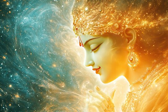 Lord Krishna depicted as Vishwaroop( cosmic form) showing the universe within him, with a radiant aura