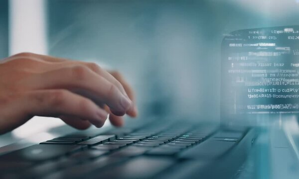 Close-up man typing on computer keyboard with hands and fingers. Macro soft focus dolly shot. Computer programming, text chat online messaging and online marketing business