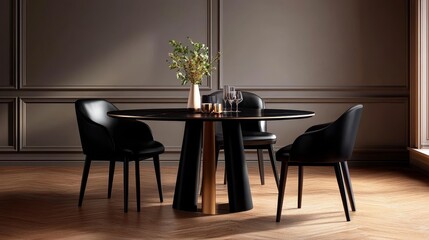 A sleek and modern dining room features a round, black marble table with a gold base. Four black leather chairs with a curved back are placed around the table. The room is decorated with a simple vase