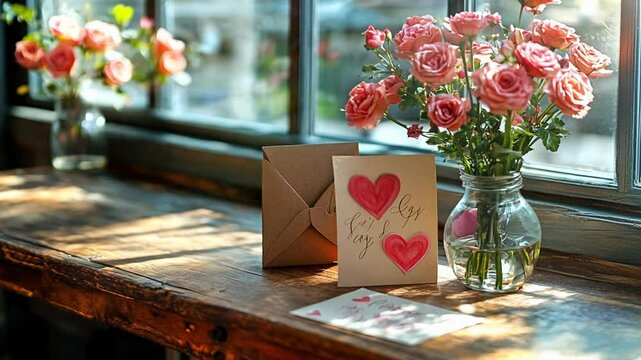 Sunlight streams through a window onto a wooden table with roses, a card, and an envelope.