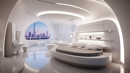 Futuristic interior design of modern bedroom with city view