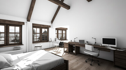 Modern interior of a home office combined with a library and a relaxation area