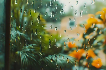 Raindrops on a windowpane, creating a blurry view of the outdoors.