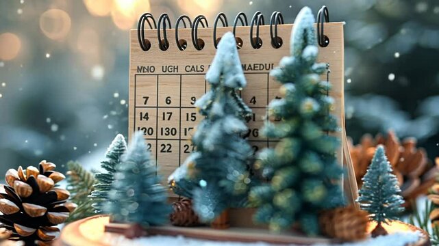 Christmas countdown calendar in a snowy forest setting with falling snow.