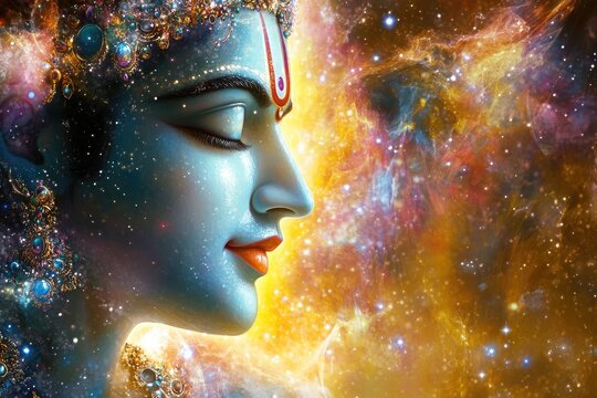 Lord Krishna depicted as Vishwaroop( cosmic form) showing the universe within him, with a radiant aura