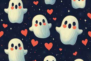 Obraz premium Halloween or Valintine style pattern wallpaper. Cartoon character background. illustration of cute ghosts with hearts at the pink background