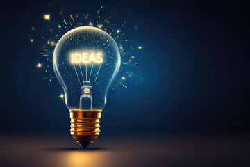 Gold glowing light bulb with the words ideas on the background of the lights with a bokeh effect.