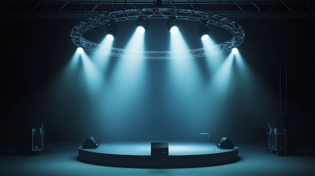 A stage setup with a circular lighting rig and spotlights illuminating an empty stage. The stage is ready for a concert, performance, or special event. This image is ideal for promotional materials, e