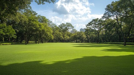 Lush Green Grass Lawn Surrounded by Trees and a Building in the Distance