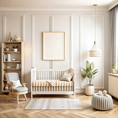 Blank wall mock up in cozy nursery interior, Scandinavian style, 3D render, white Mock up