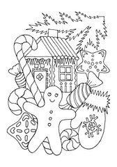 Coloring page. Waiting for Merry Christmas. Gingerbread cookies, ginger man, house, sweets, candies. Coloring book for kids. Hand drawn vector illustration