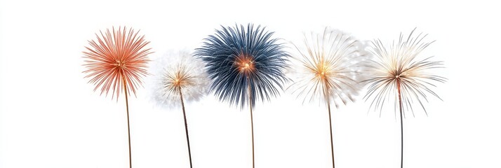 Obraz premium A vibrant and festive image of five colorful fireworks isolated on a white background. The fireworks are a symbol of celebration, joy, and hope. Their bright colors and intricate patterns create a stu