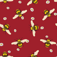 Seamless pattern with bees on floral background. Small wasp. Vector illustration. Adorable cartoon character. Template design for invitation, cards, textile, fabric. Doodle style