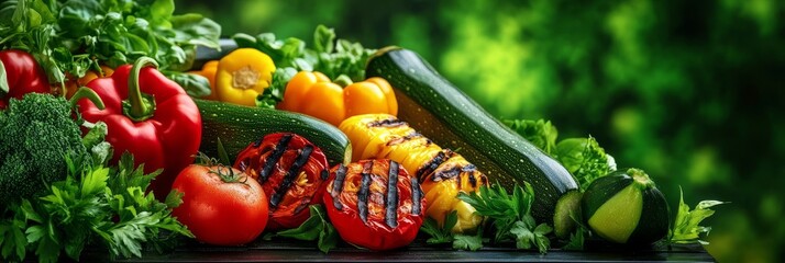 A vibrant display of fresh and grilled vegetables, including red bell peppers, tomatoes, zucchini, yellow bell peppers, and broccoli, arranged on a wooden surface against a lush green background. This