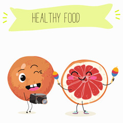 Funny fruity grapefruit characters. Comic elements, hand drawn style. Vector illustration for stickers, posters, prints. Funny fruits.