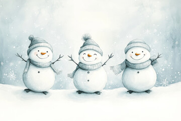 Obraz premium A cheerful illustration of three smiling snowmen in a snowy winter scene. Perfect for holiday, winter, and children’s themes.