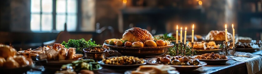 Obraz premium Traditional Hanukkah foods served in a room adorned with historical Jewish artifacts and menorah candles, [Hanukkah feast], [historic ambiance]
