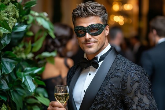 Masked man blending into the masquerade ball with grace and elegance, hiding in plain sight among the lavishly dressed guests