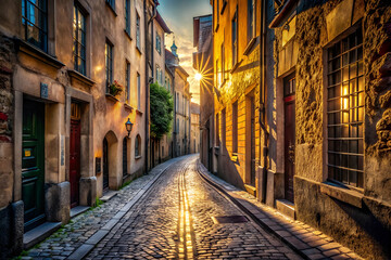 Fototapeta premium A narrow cobblestone street with a sun shining on it. The street is lined with buildings and has a few potted plants