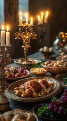Traditional Hanukkah feast laid out on antique dishes in a candle-lit room filled with ancient decor, [Hanukkah feast], [historic ambiance]