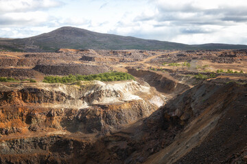 Large quarry for copper and nickel mining. Russia, Murmansk region. Top view