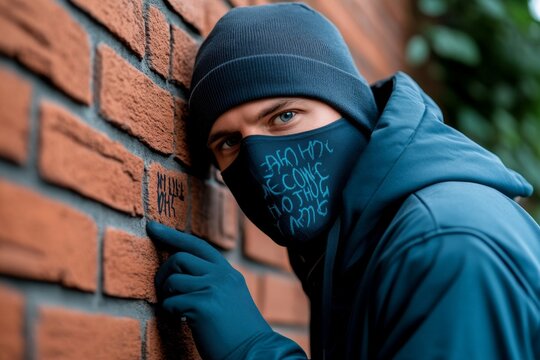 Masked man leaving a cryptic message scrawled in chalk on a brick wall, a warning for those who know how to read it