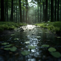 Fototapeta premium Tranquil forest glade with a bubbling stream, realistic and inviting for promotional material