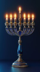 Hanukkah menorah with glowing candles, minimal 3D Blender style, historical festival theme, bright blue and silver, isolated background