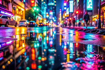 Obraz premium A city street at night with a lot of neon lights and reflections in the water. Scene is energetic and vibrant
