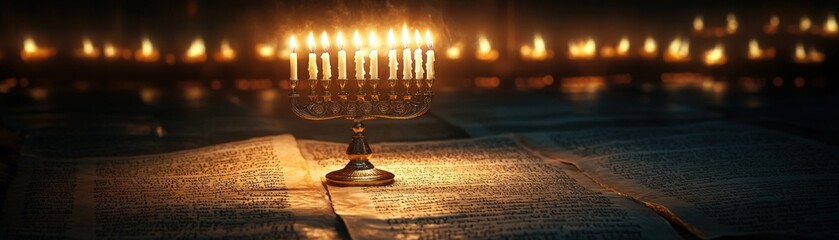 Hanukkah menorah glowing in a dark, candle-lit room, surrounded by ancient Hebrew texts, [Hanukkah celebration], [historic atmosphere]