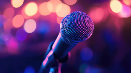Microphone on concert stage in a bar. Live music event. Rock concert in a club. Purple and pink colors