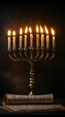 Hanukkah menorah casting golden light on ancient Hebrew scrolls, historical Jewish culture, [Hanukkah menorah], [ancient history]
