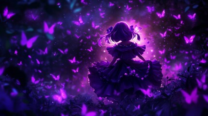A young girl in a purple dress is surrounded by glowing butterflies in a magical forest. The scene evokes a sense of wonder, mystery, and ethereal beauty.