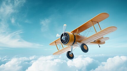 A yellow vintage biplane gracefully soars through the clouds, symbolizing freedom, adventure, exploration, nostalgia, and the beauty of flight.
