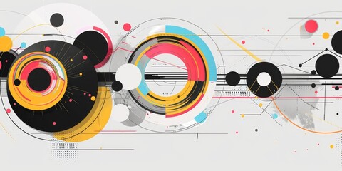 Obraz premium Geometric Background with Colorful Circles and Lines on Black and White. AI generated illustration
