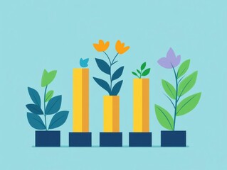 Illustration of growing plants alongside bar charts representing growth and progress on a light blue background. Perfect for business and nature concepts.