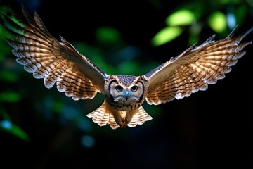 Fototapeta premium Owls silently swooping over the camp, hunting in the night as their wings glide through the cool air, unseen by the campers