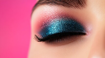 Close-up of a woman's eye with blue and pink glitter eyeshadow. The eyeshadow is applied in a gradient, with blue on the lid and pink on the crease. The glitter is very fine and gives the eye a shimme