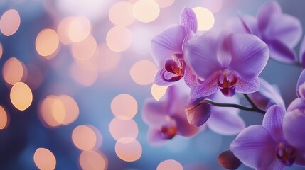 Naklejka premium Purple orchids with bokeh lights at dusk
