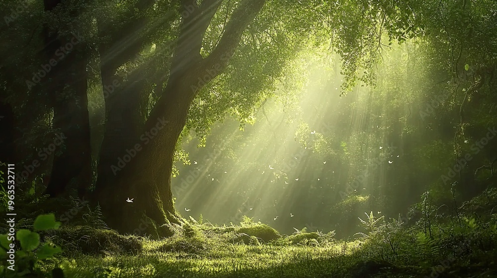 Aufkleber Serene Healing Forest With Sunbeams Filtering Through Lush Green Trees in a Tranquil Setting