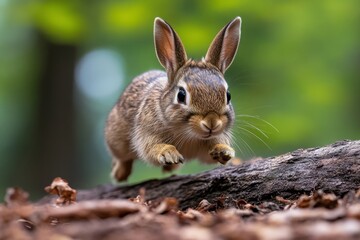 Fototapeta premium Rabbit bounding over a fallen log, quick and nimble as it escapes into the forest, disappearing into the underbrush