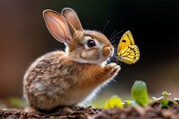 Obraz premium Rabbit chasing a butterfly, hopping playfully through the meadow in a joyful display of energy and curiosity