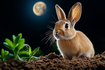 Fototapeta premium Rabbit darting across a moonlit field, illuminated by the soft glow of the full moon, a creature of the night